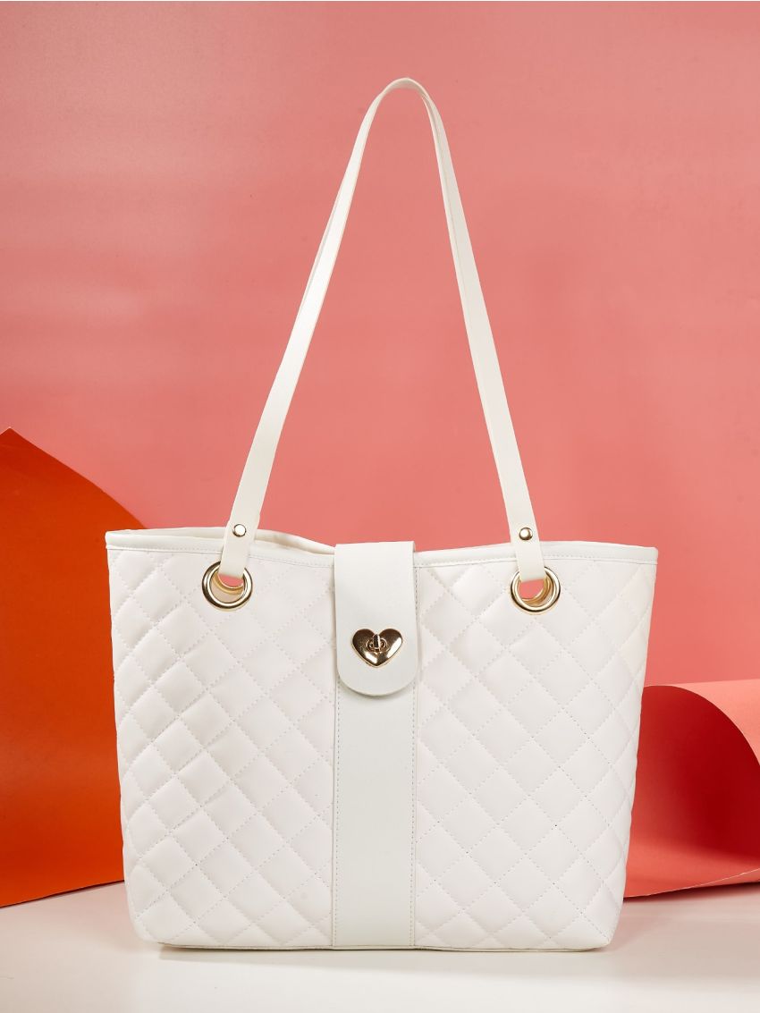 Quilted Pattern Metal Decor Shoulder Tote Bag