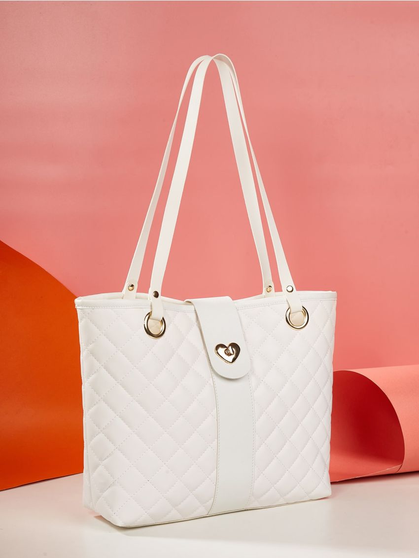 Quilted Pattern Metal Decor Shoulder Tote Bag