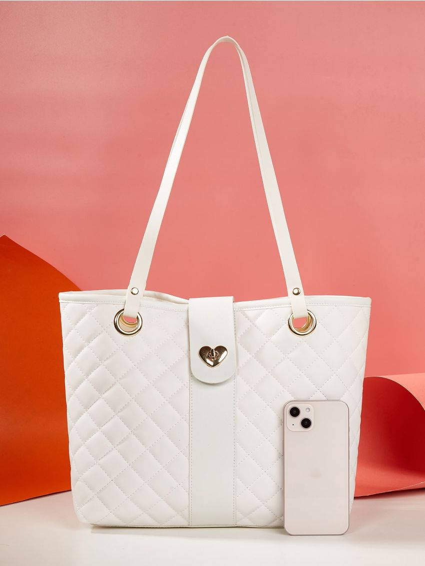 Quilted Pattern Metal Decor Shoulder Tote Bag