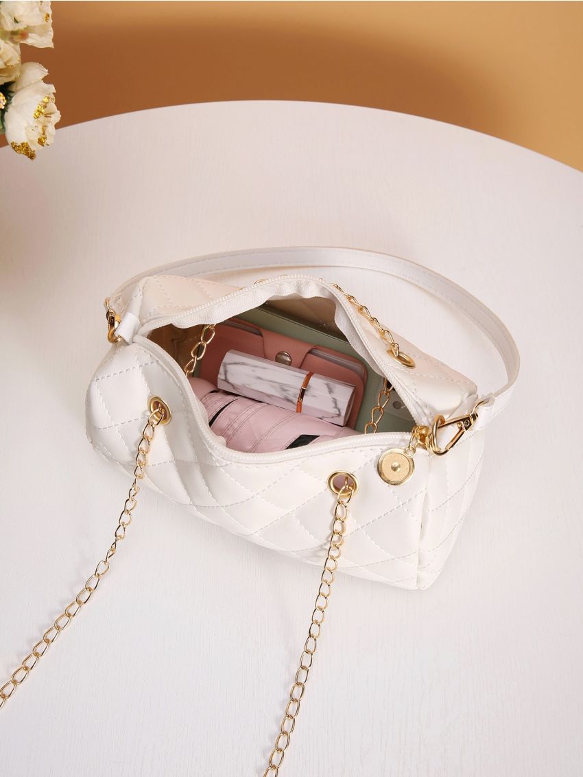 Quilted Pattern Chain Bucket Bag