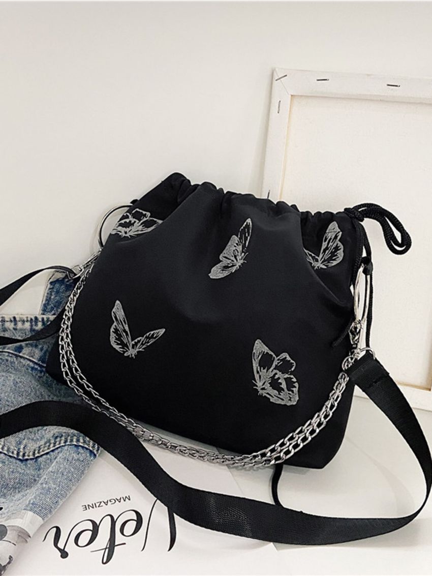 Butterfly Print Drawstring Design Chain Bucket Bag