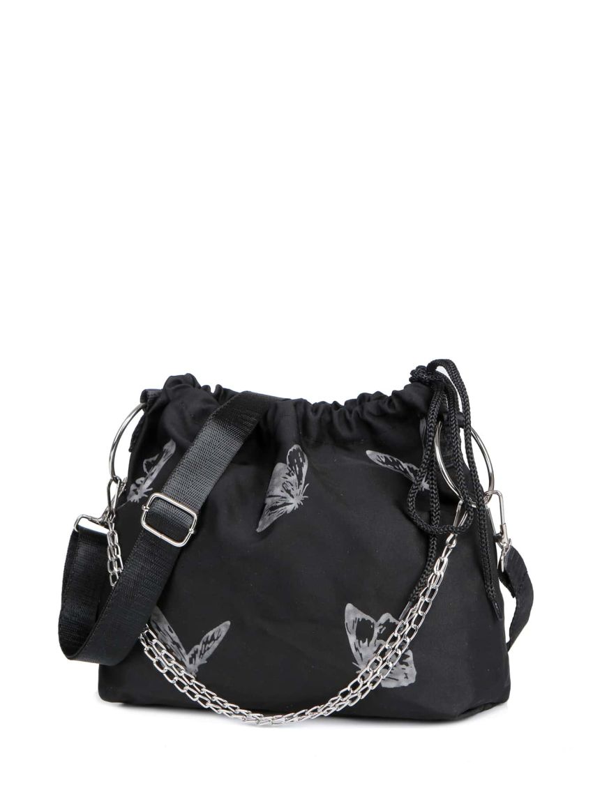 Butterfly Print Drawstring Design Chain Bucket Bag