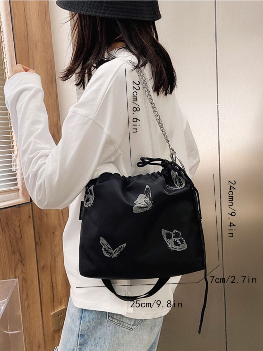 Butterfly Print Drawstring Design Chain Bucket Bag
