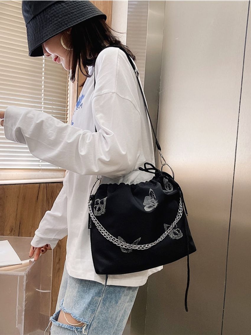 Butterfly Print Drawstring Design Chain Bucket Bag
