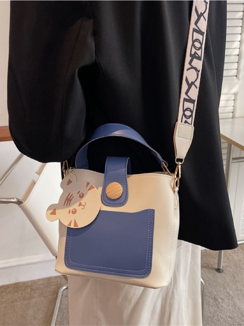Two Tone Button Decor Bucket Bag With Bag Charm