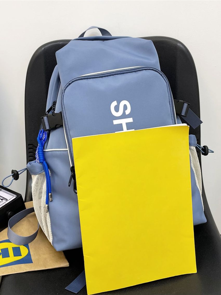 Letter Graphic Buckle Decor Mesh Panel Functional Backpack Without Bag Charm