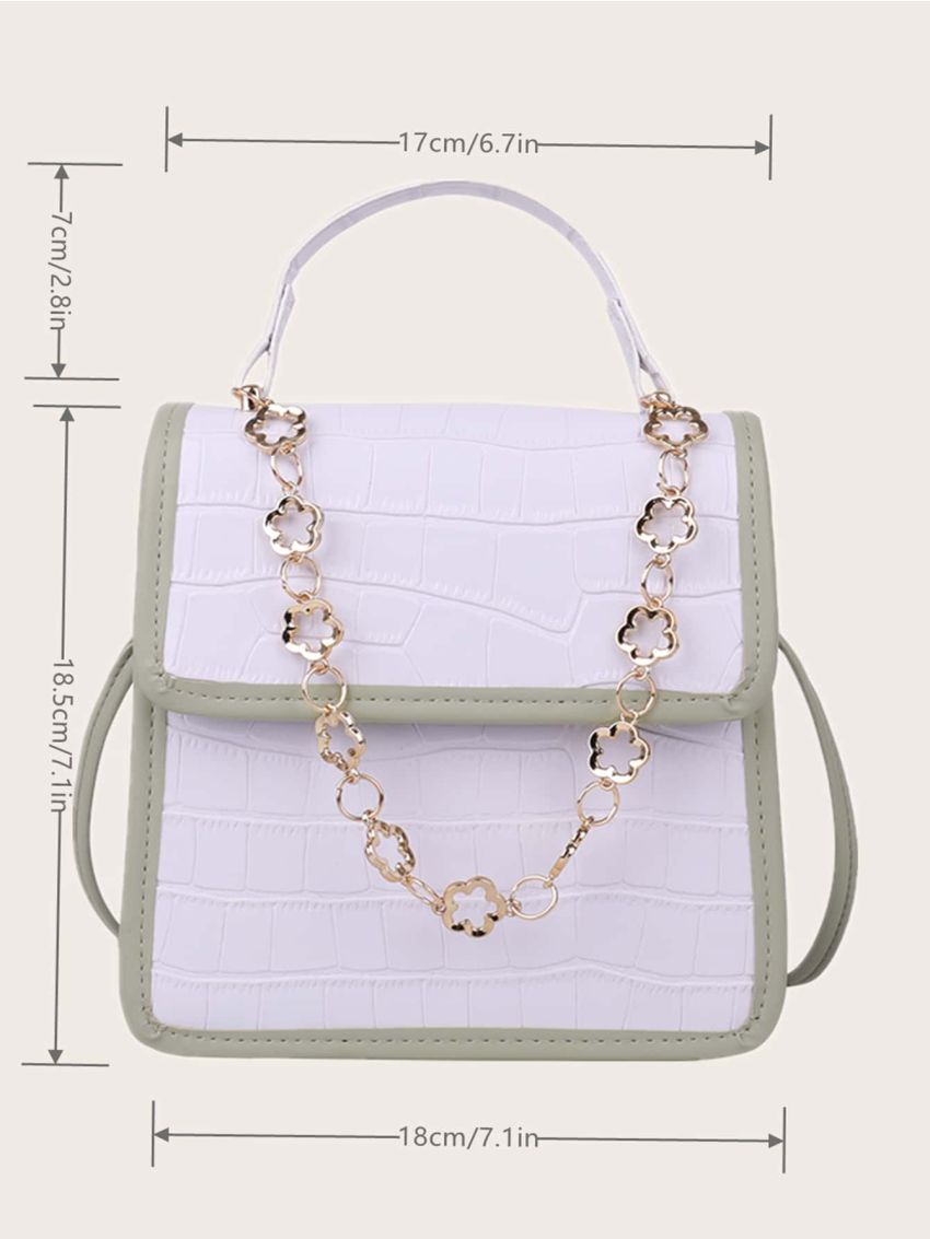 Mini Crocodile Embossed Chain Decor Contrast Binding Flap Square Bag