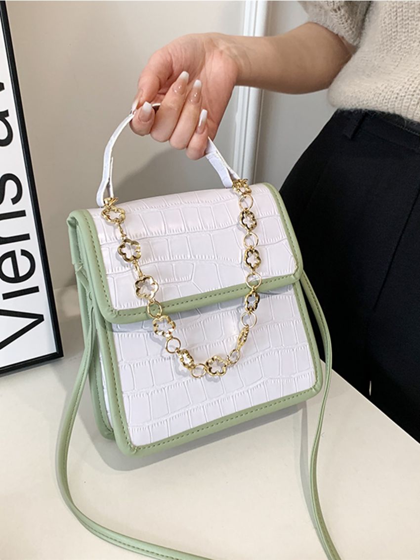 Mini Crocodile Embossed Chain Decor Contrast Binding Flap Square Bag
