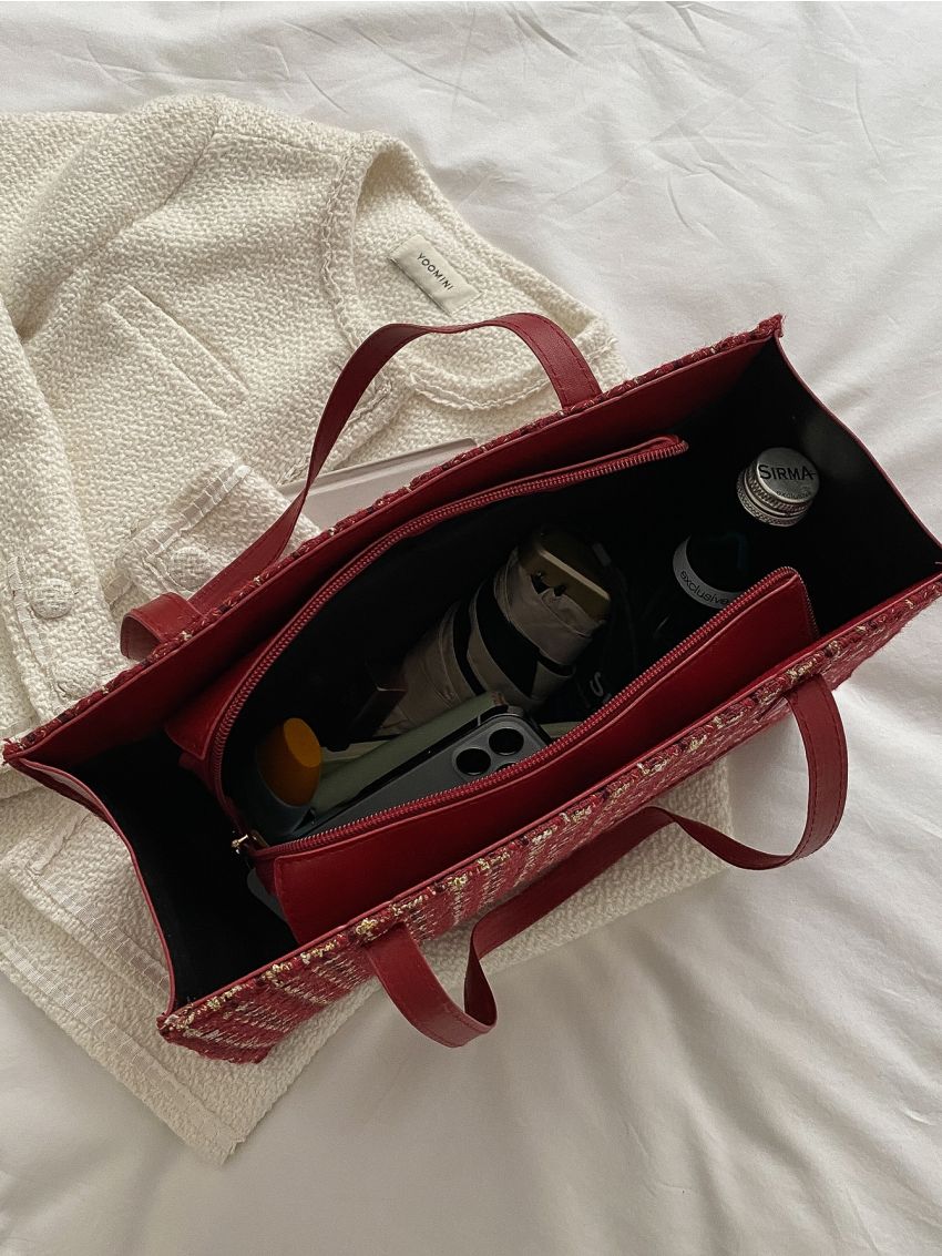 Plaid Pattern Patch Detail Shoulder Tote Bag