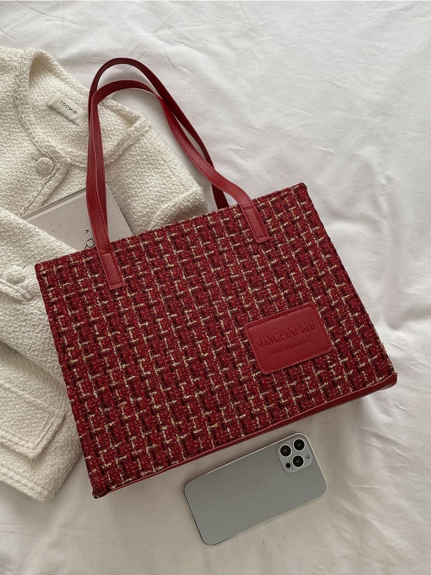 Plaid Pattern Patch Detail Shoulder Tote Bag