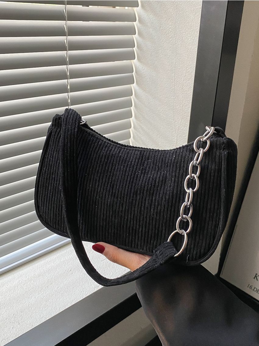 Chain Decor Corduroy Baguette Bag