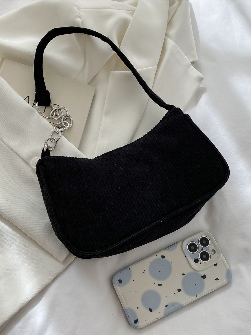 Chain Decor Corduroy Baguette Bag