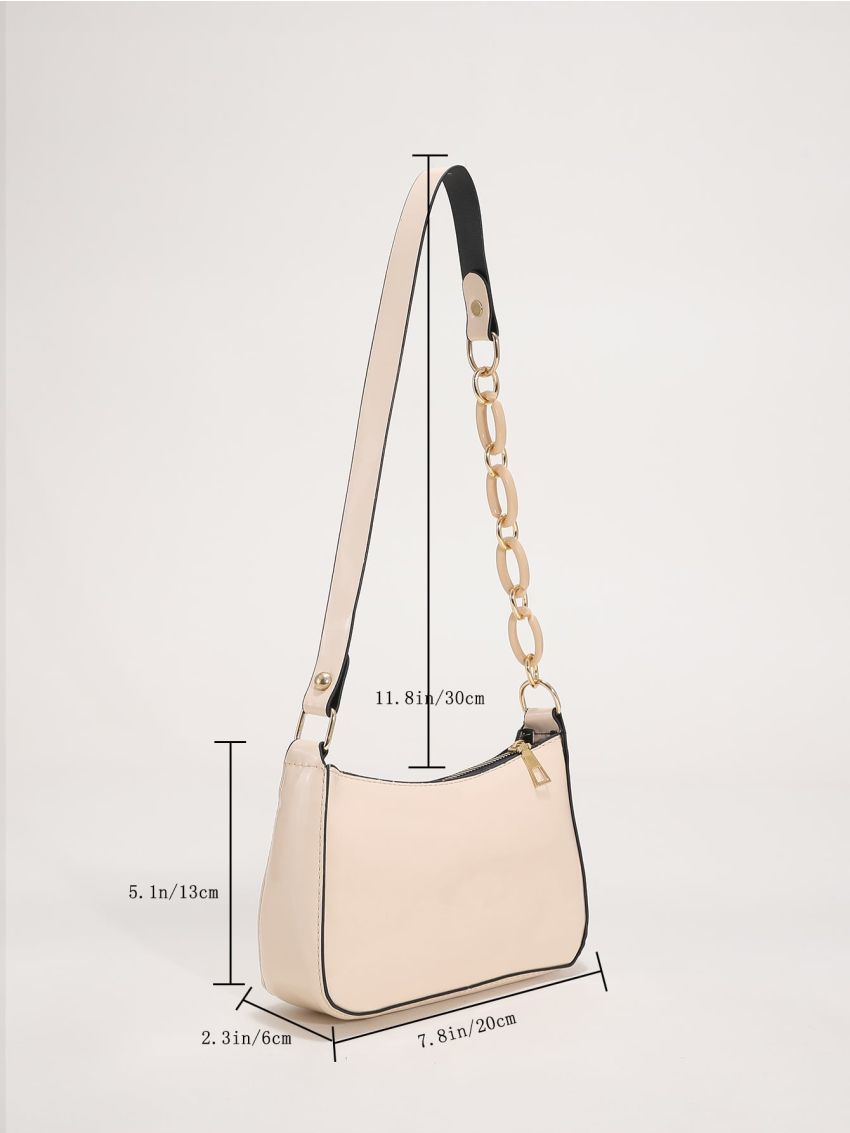 Contrast Piping Chain Decor Baguette Bag