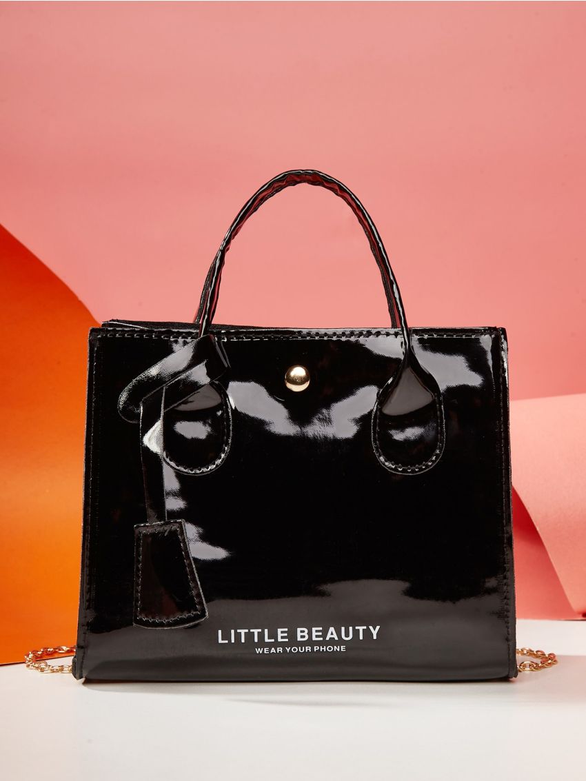 Mini Slogan Graphic Double Handle Square Bag