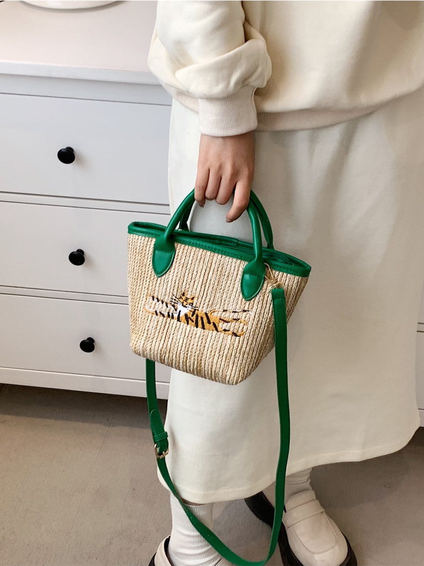 Tiger Embroidered Detail Straw Bag