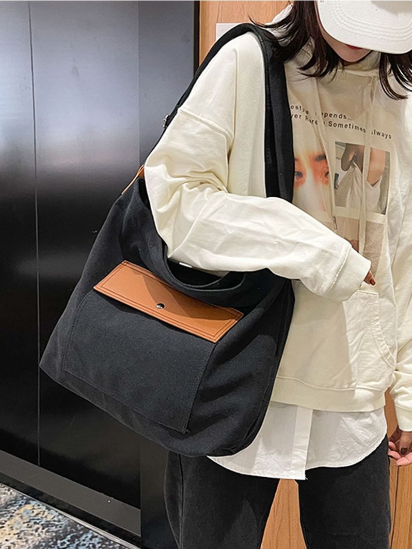 Two Tone Pocket Front Design Bucket Bag