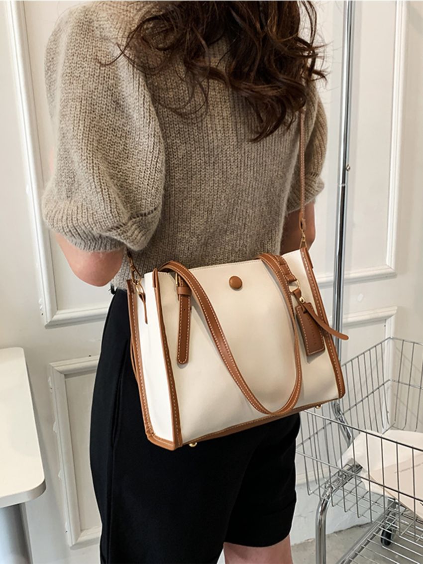 Contrast Binding Button Decor Shoulder Tote Bag