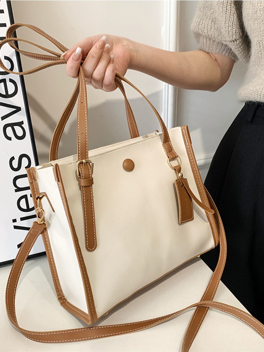 Contrast Binding Button Decor Shoulder Tote Bag