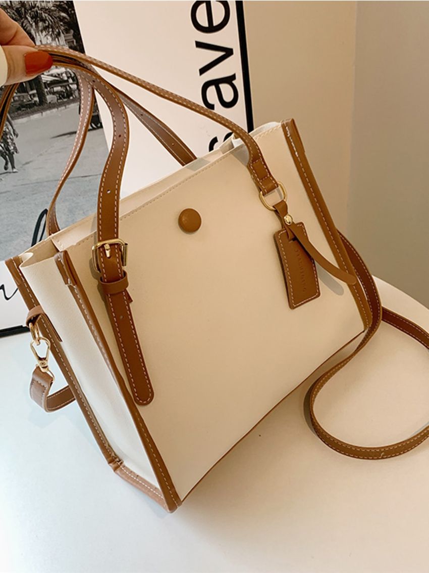 Contrast Binding Button Decor Shoulder Tote Bag