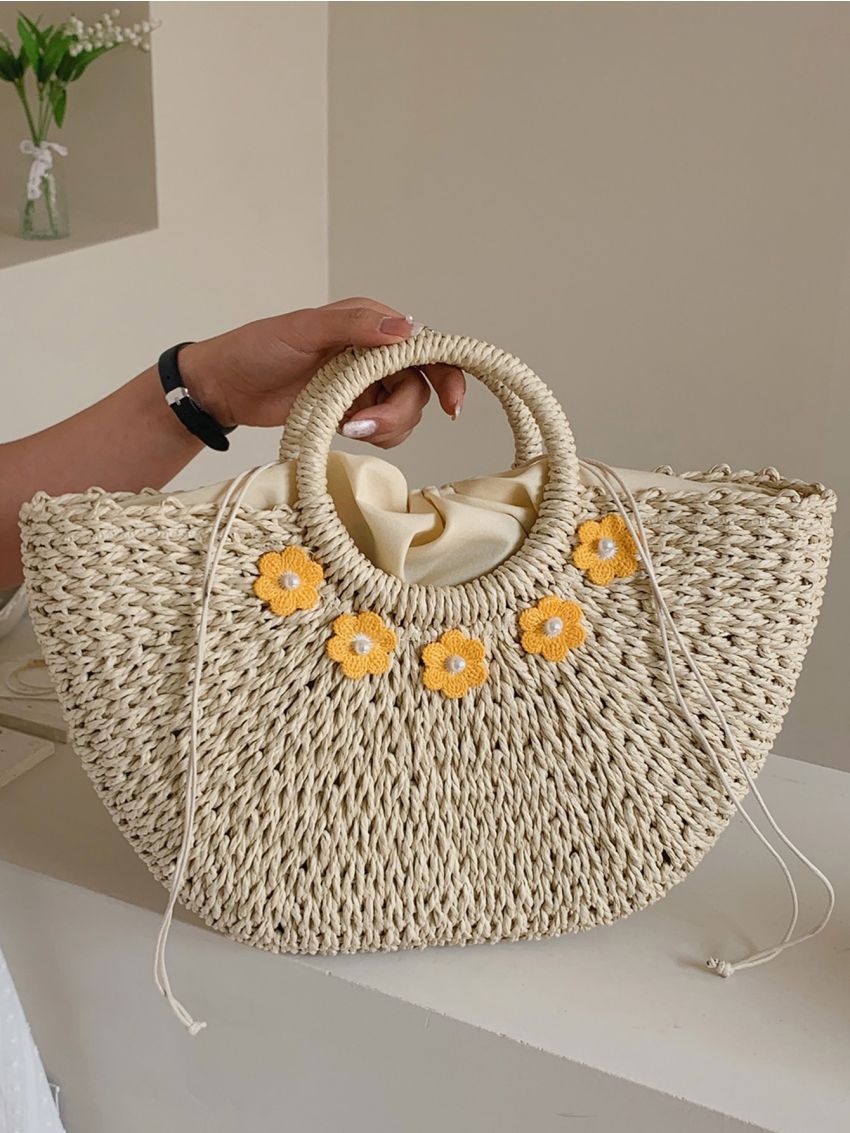 Faux Pearl & Applique Decor Drawstring Design Straw Bag