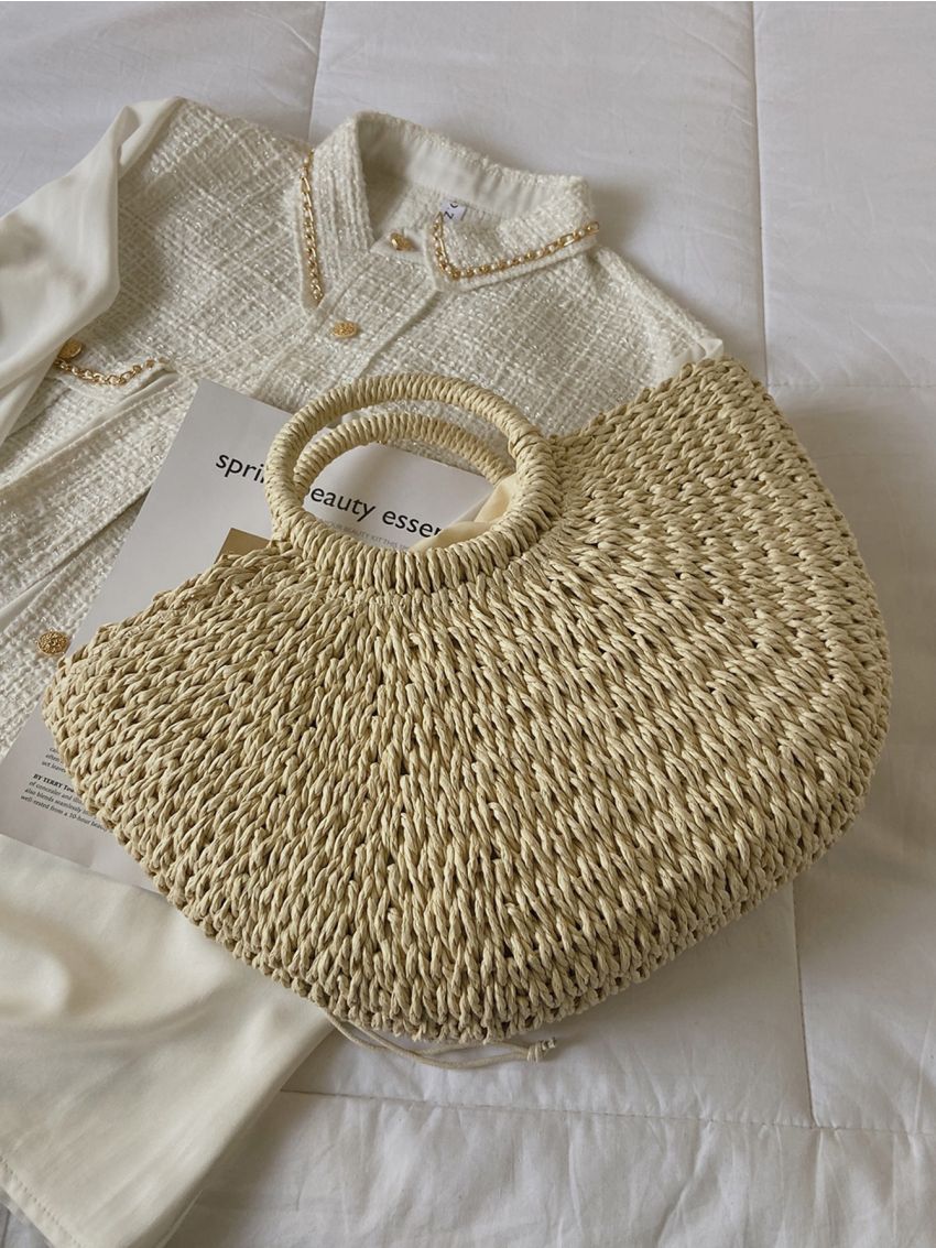 Faux Pearl & Applique Decor Drawstring Design Straw Bag