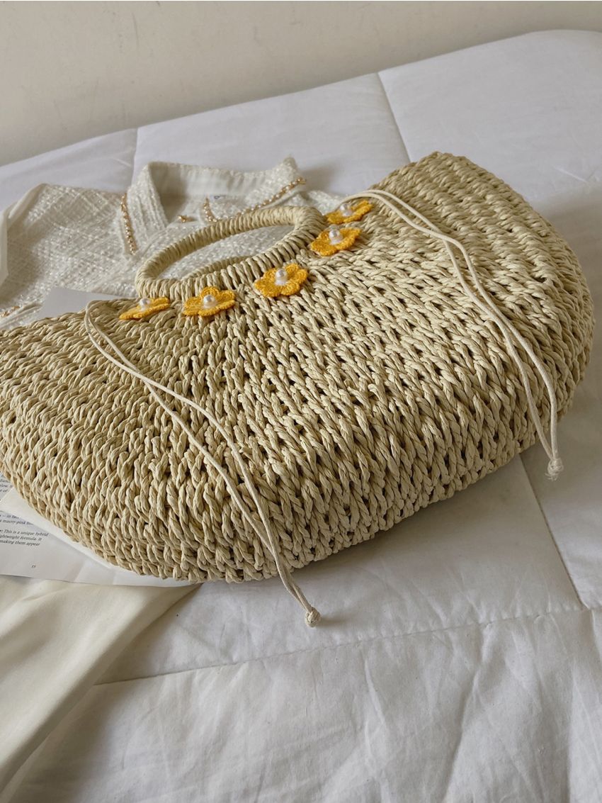 Faux Pearl & Applique Decor Drawstring Design Straw Bag