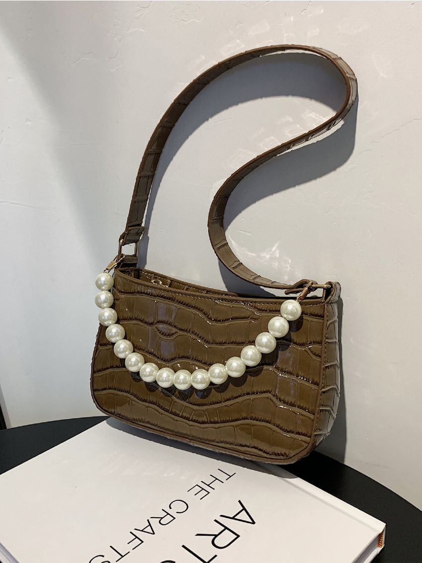 Crocodile Embossed Faux Pearl Decor Square Bag
