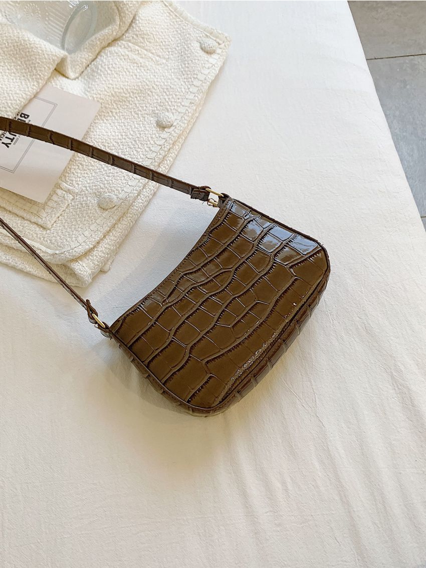 Crocodile Embossed Faux Pearl Decor Square Bag