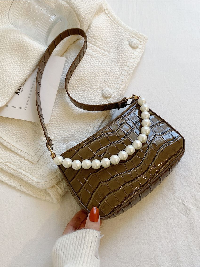 Crocodile Embossed Faux Pearl Decor Square Bag