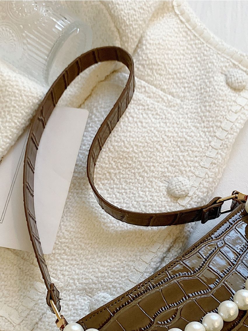 Crocodile Embossed Faux Pearl Decor Square Bag