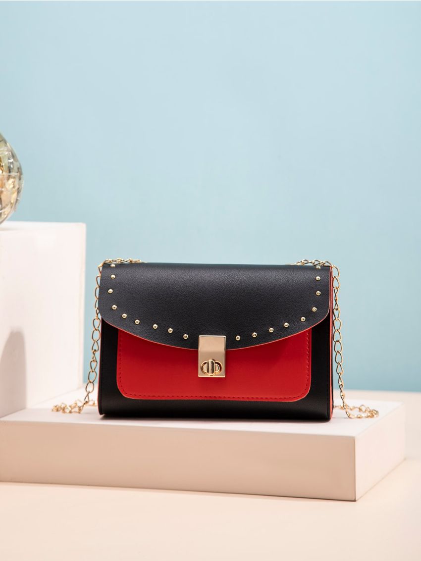 Studded Decor Flap Chain Square Bag