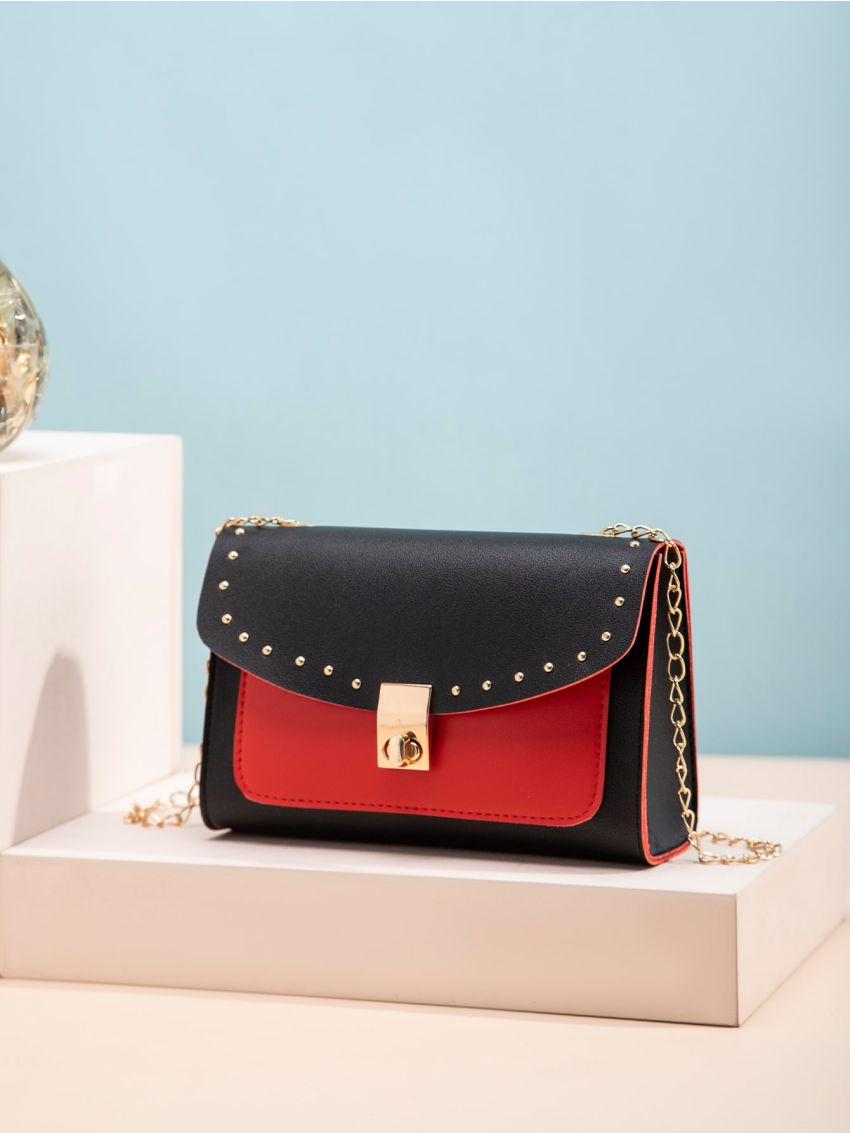 Studded Decor Flap Chain Square Bag