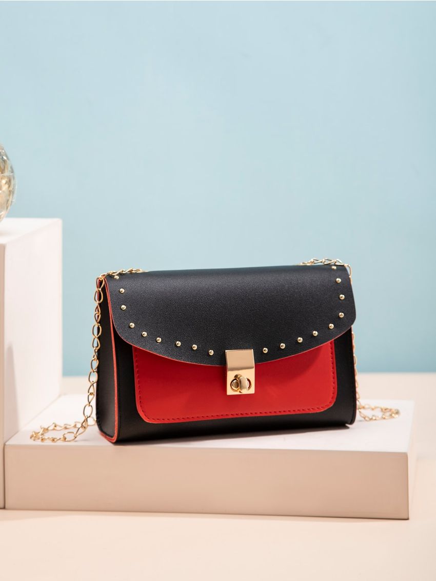 Studded Decor Flap Chain Square Bag