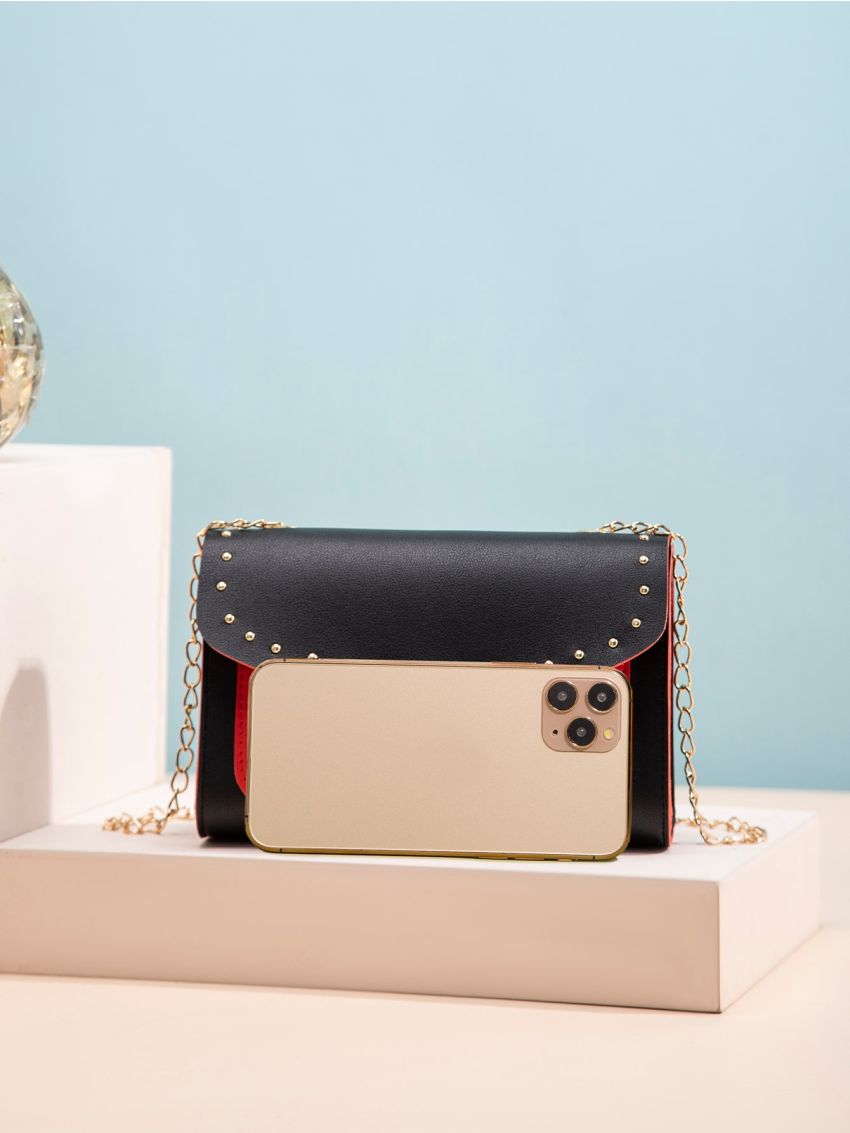 Studded Decor Flap Chain Square Bag