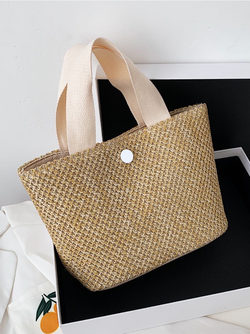 Button Decor Braided Detail Straw Bag