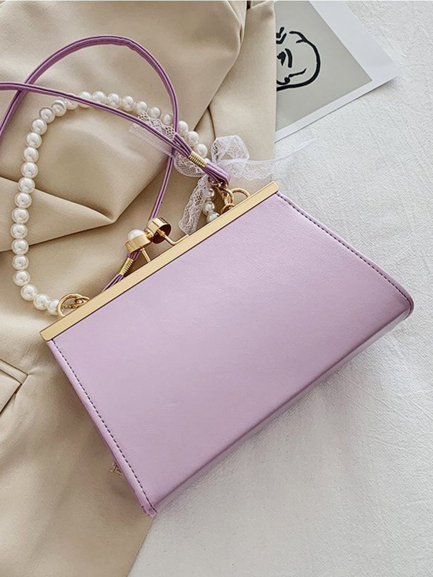 Faux Pearl Beaded Kiss Lock Square Bag