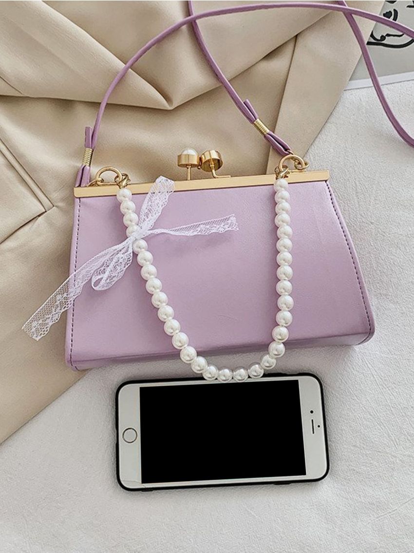 Faux Pearl Beaded Kiss Lock Square Bag