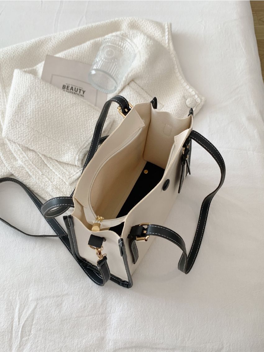 Contrast Binding Button Decor Bucket Bag