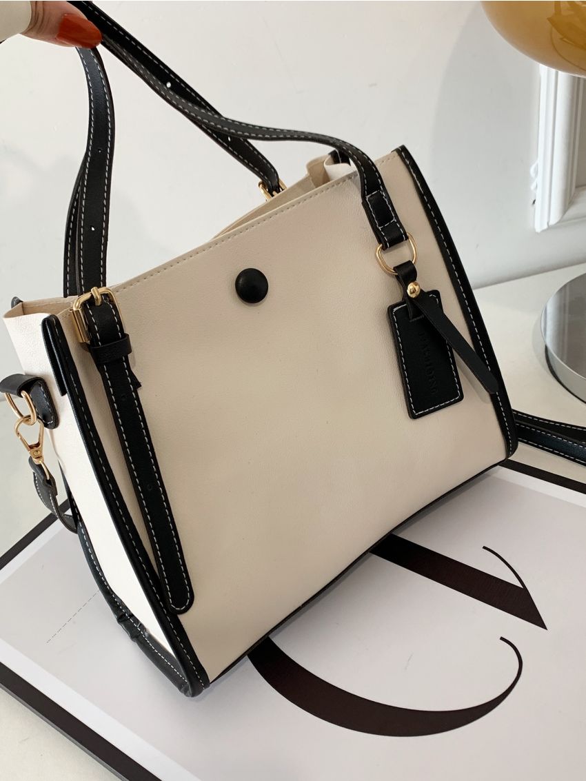 Contrast Binding Button Decor Bucket Bag