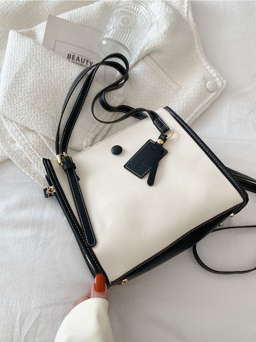 Contrast Binding Button Decor Bucket Bag