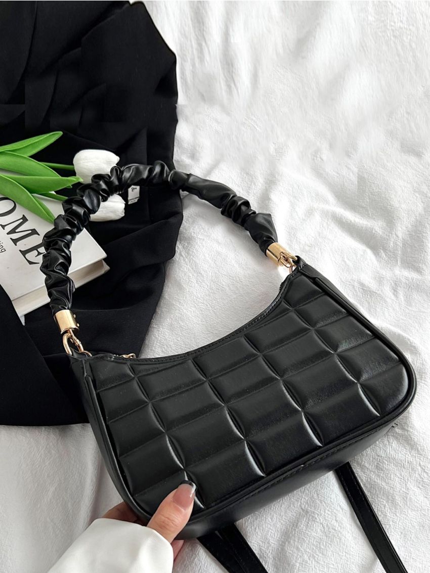 Geometric Embossed Ruched Detail Baguette Bag