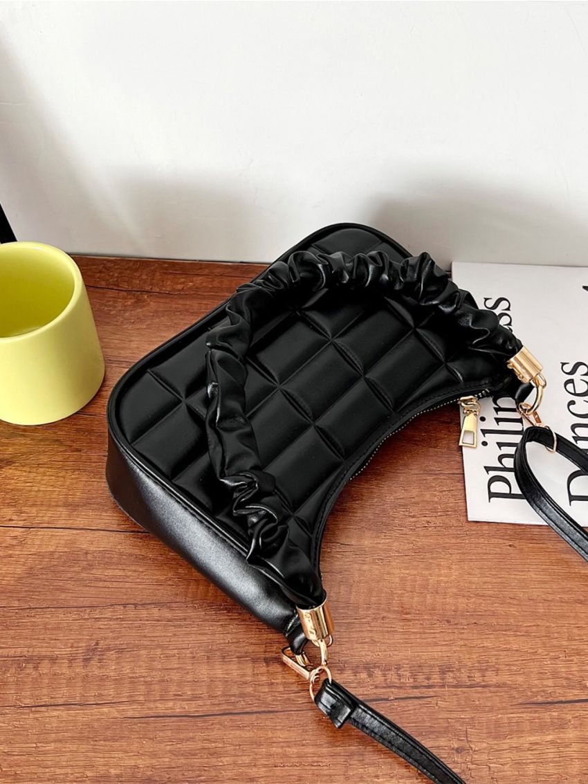 Geometric Embossed Ruched Detail Baguette Bag