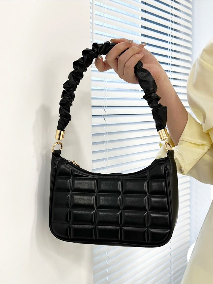 Geometric Embossed Ruched Detail Baguette Bag