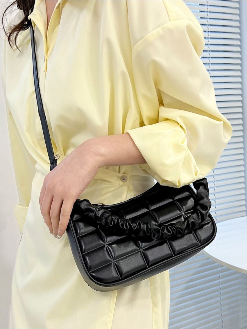 Geometric Embossed Ruched Detail Baguette Bag