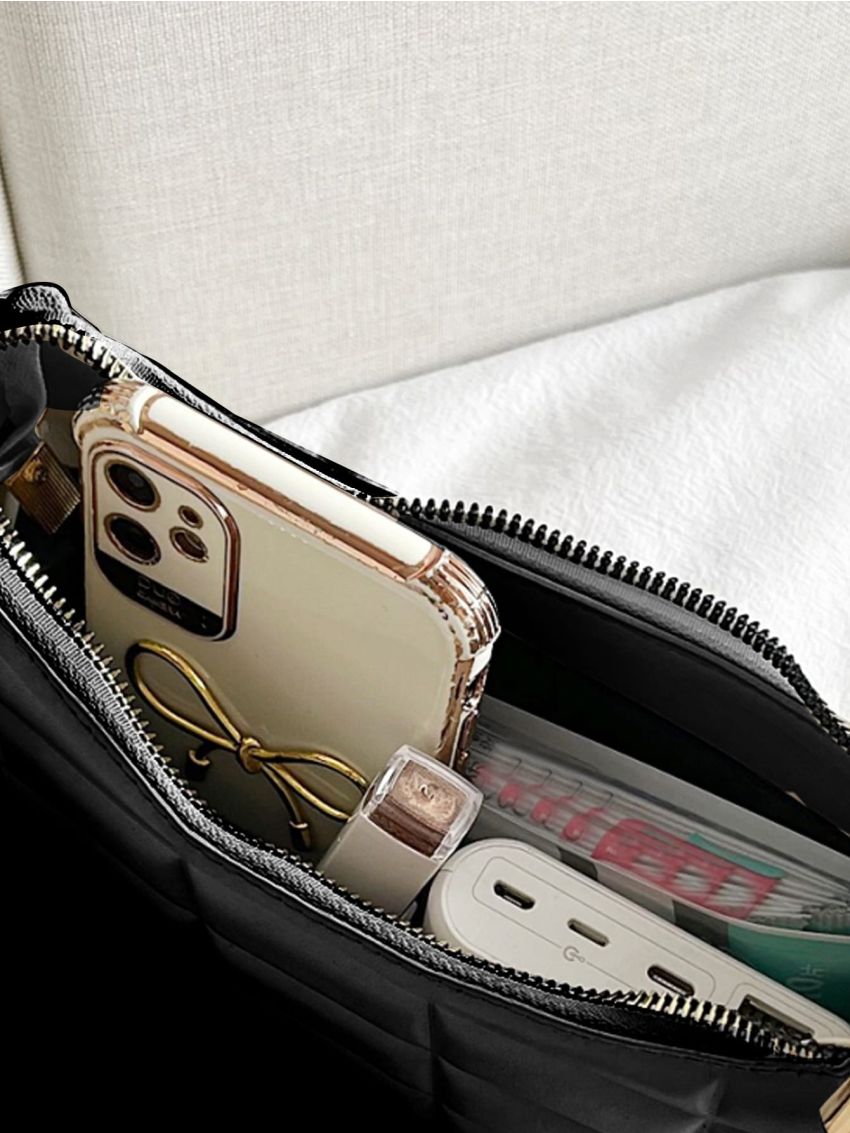 Geometric Embossed Ruched Detail Baguette Bag