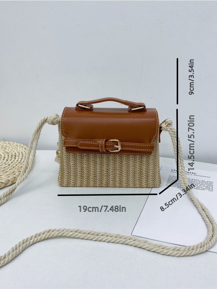 Metal Buckle & Studded Decor Flap Straw Bag