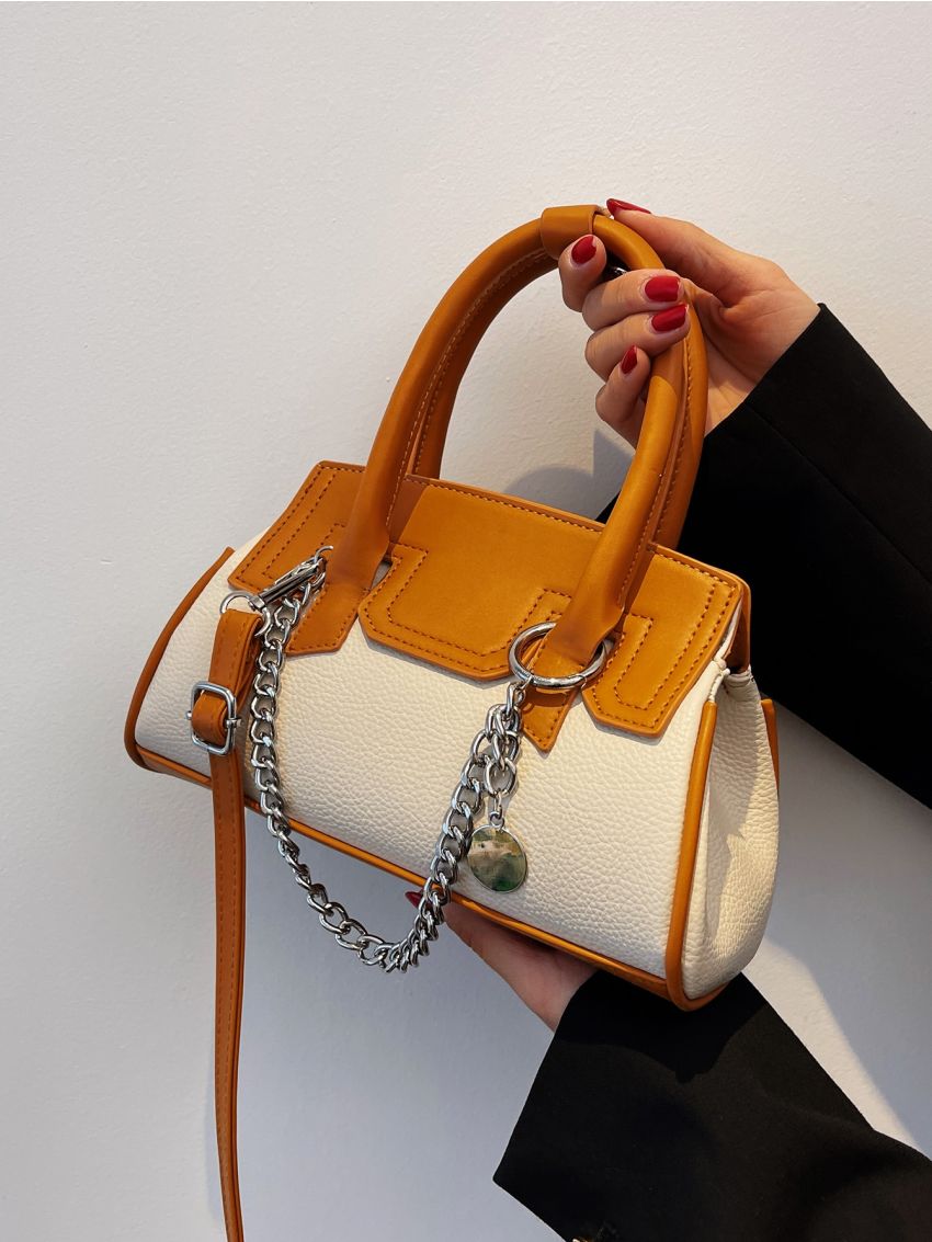 Two Tone Chain Decor Flap Bucket Bag