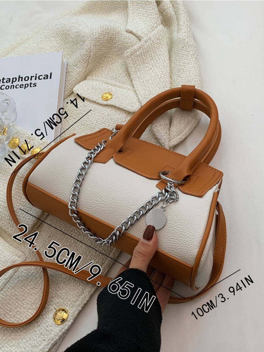 Two Tone Chain Decor Flap Bucket Bag