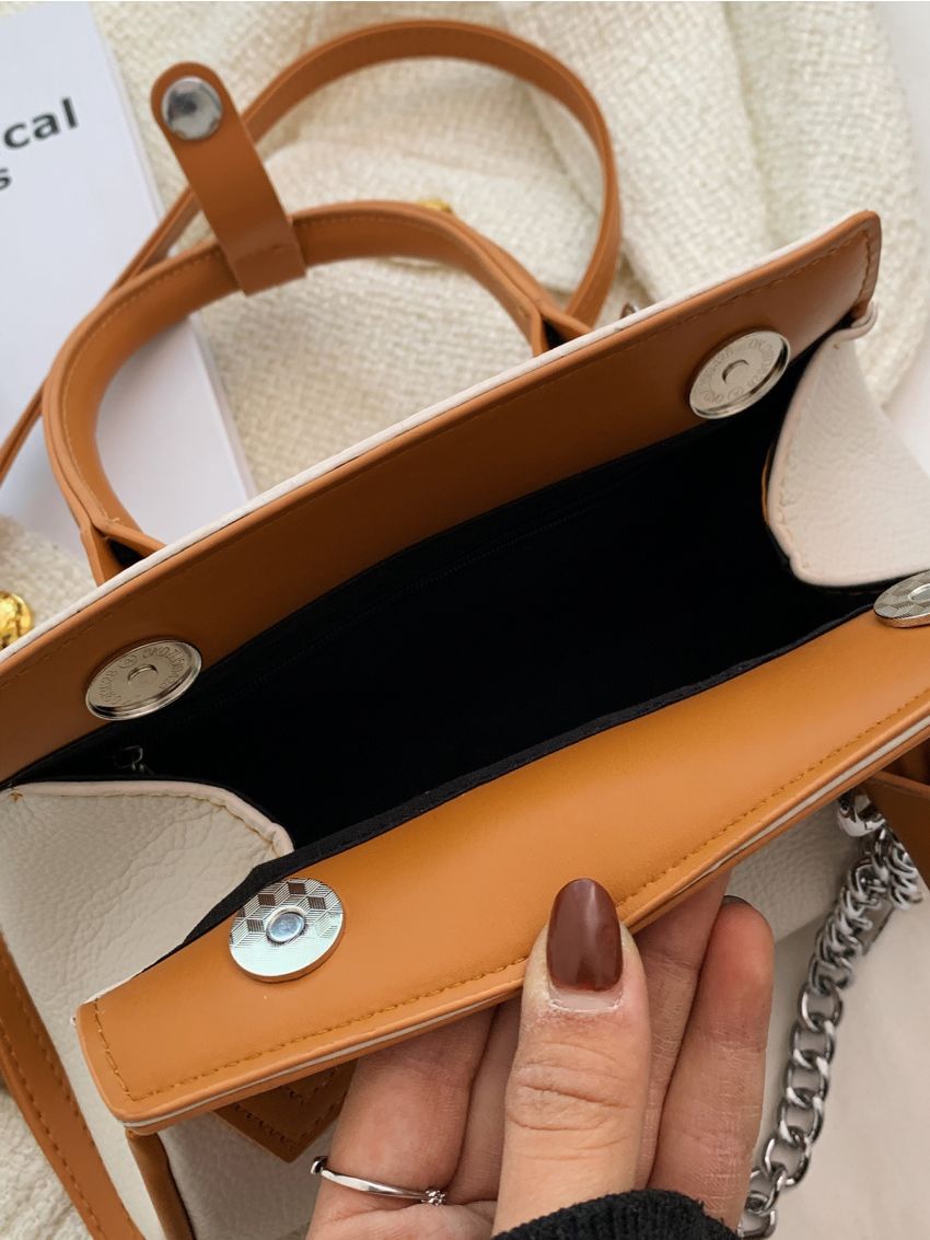 Two Tone Chain Decor Flap Bucket Bag