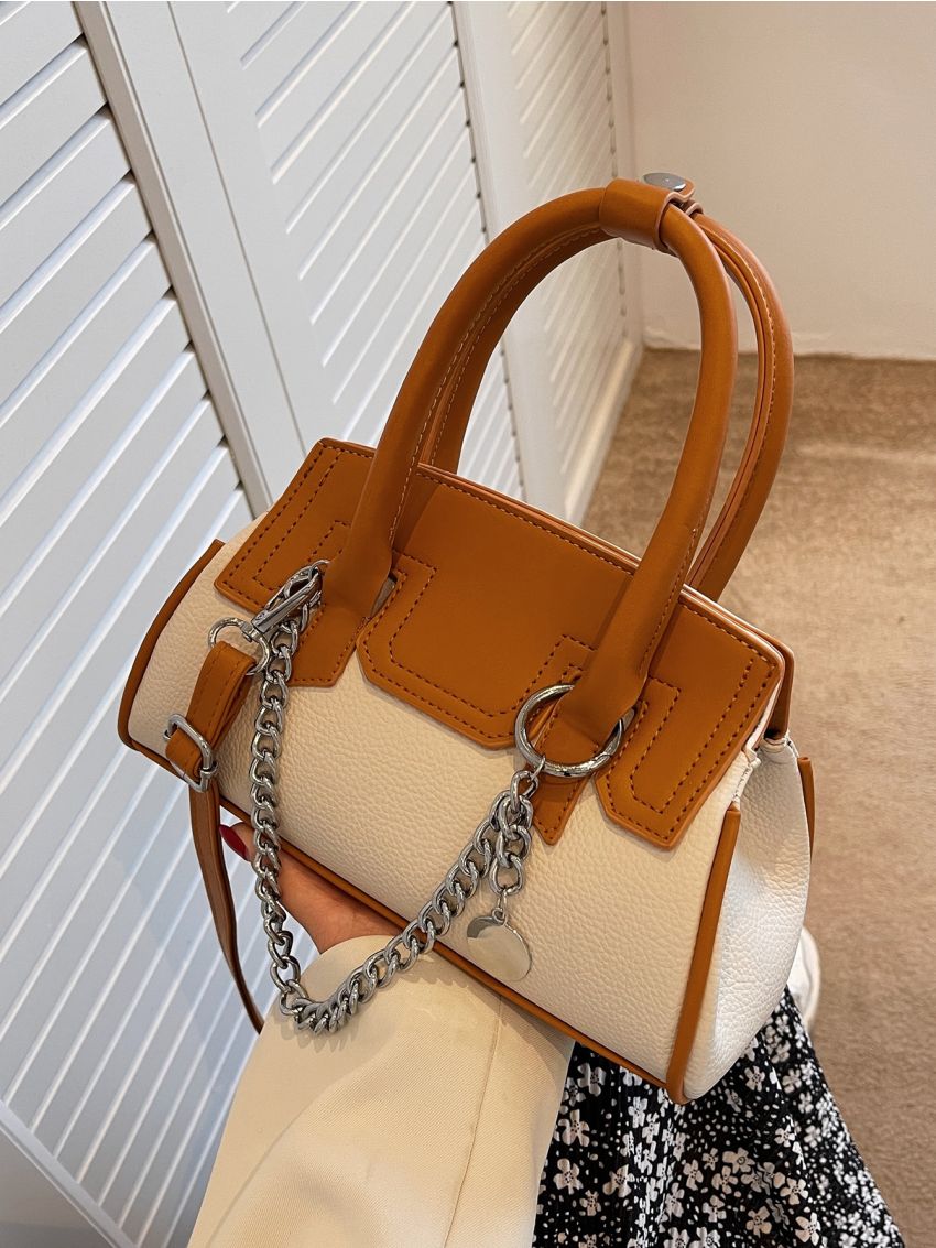 Two Tone Chain Decor Flap Bucket Bag